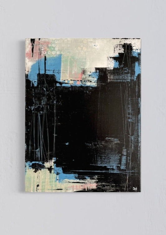 Abstrakte Kunst mit schwarzem Vordergrund und pastellfarbenem Hintergrund